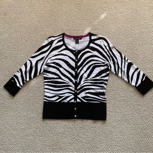 White House Black Market Zebra Print Cardigan Bejeweled Size Medium Stretch EUC